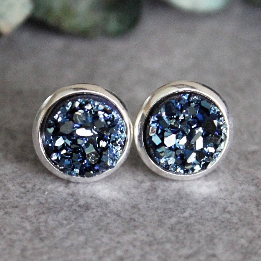 Blue Druzy Earrings, Blue Stud Earrings, Blue Post